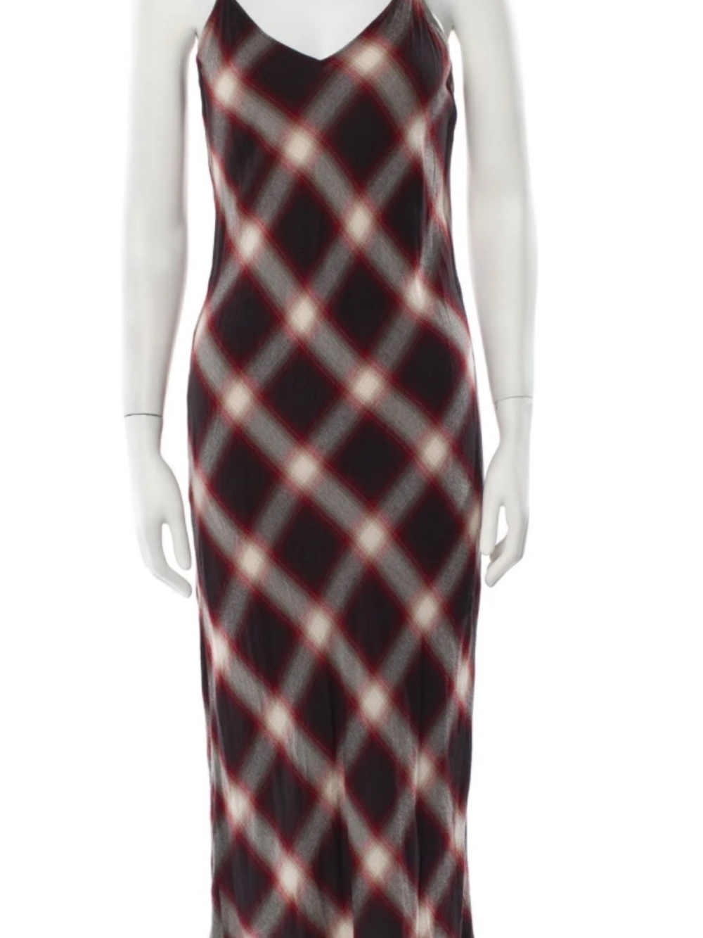 VINCE Plaid V-Neck Bias Slip Midi Dress Rayon Black Red White Size L